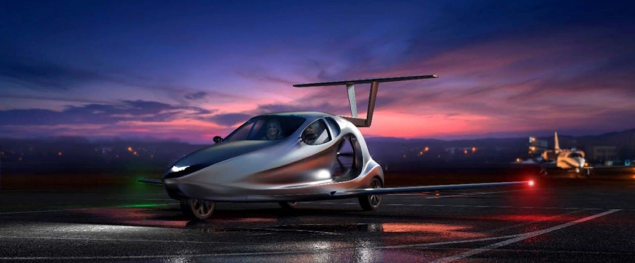 A cinematic shot of a flying car