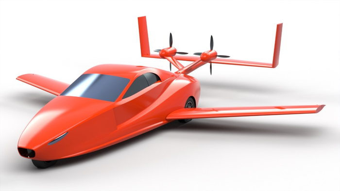 A rendered image of a flying car