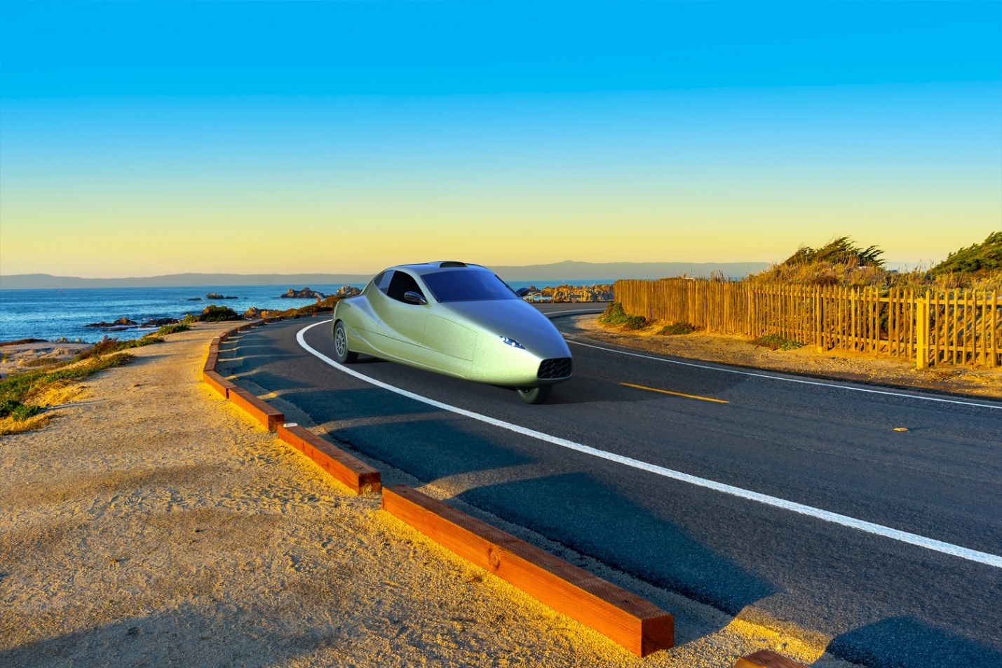 A picture of a flying car driving on the road