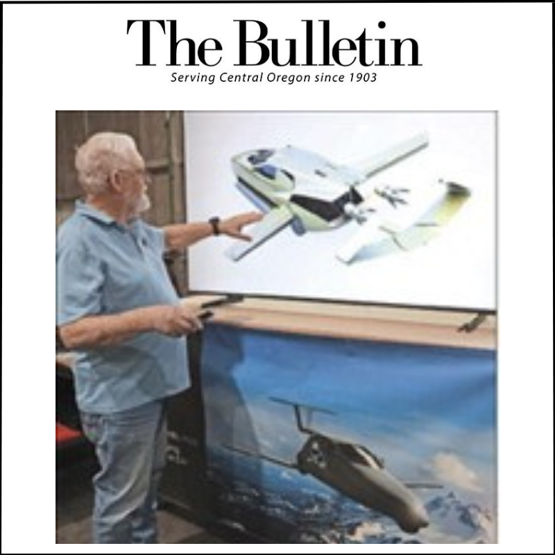 bend-1 A man pointing to a screen presentation of a flying car render