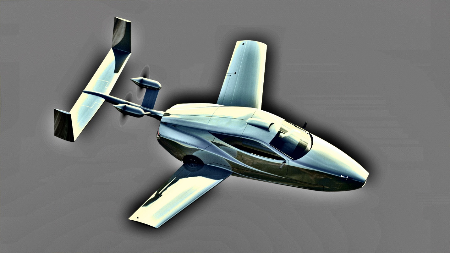 A rendered image of a flying sports car