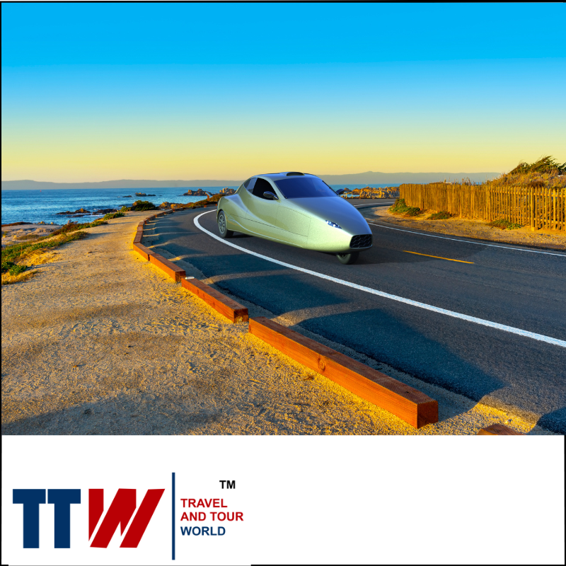 travel-and-tour-world-3 Aerodynamic futuristic car driving on a scenic winding coastal road with the ocean and a colorful sky.