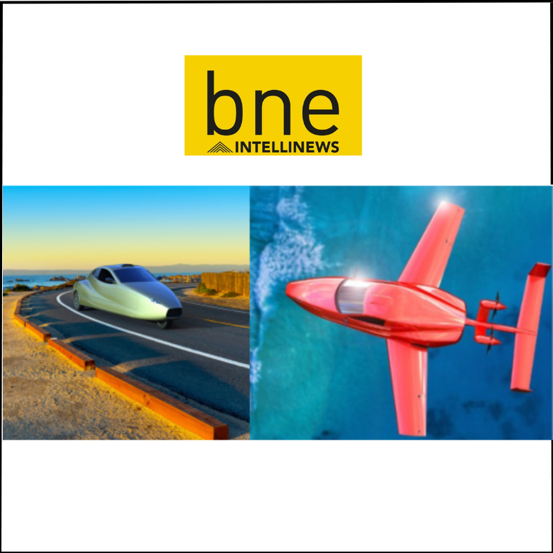 bne-intellinews-1 bne INTELLINEWS logo above a split image of a futuristic silver car on a coastal road and a red seaplane flying over the ocean.