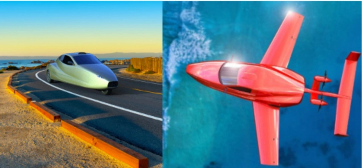 Futuristic concept car on coastal road and red amphibious aircraft flying over ocean.