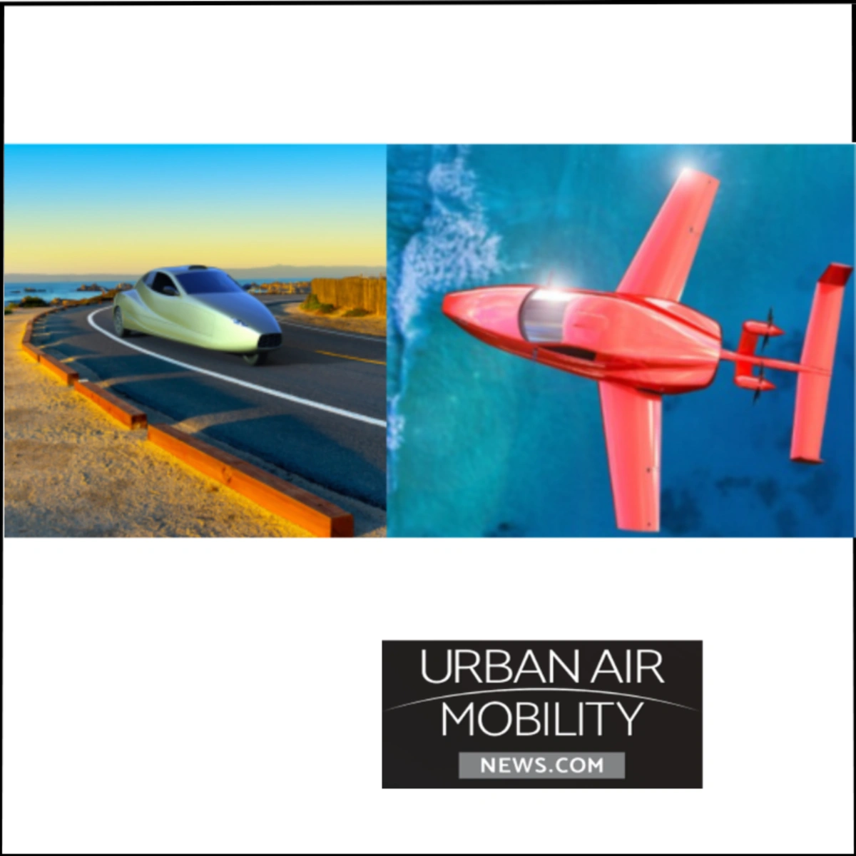 urban-air-mobility-news-1 Futuristic concept car on a coastal road and a red personal aerial vehicle flying over water, with Urban Air Mobility News.com logo.