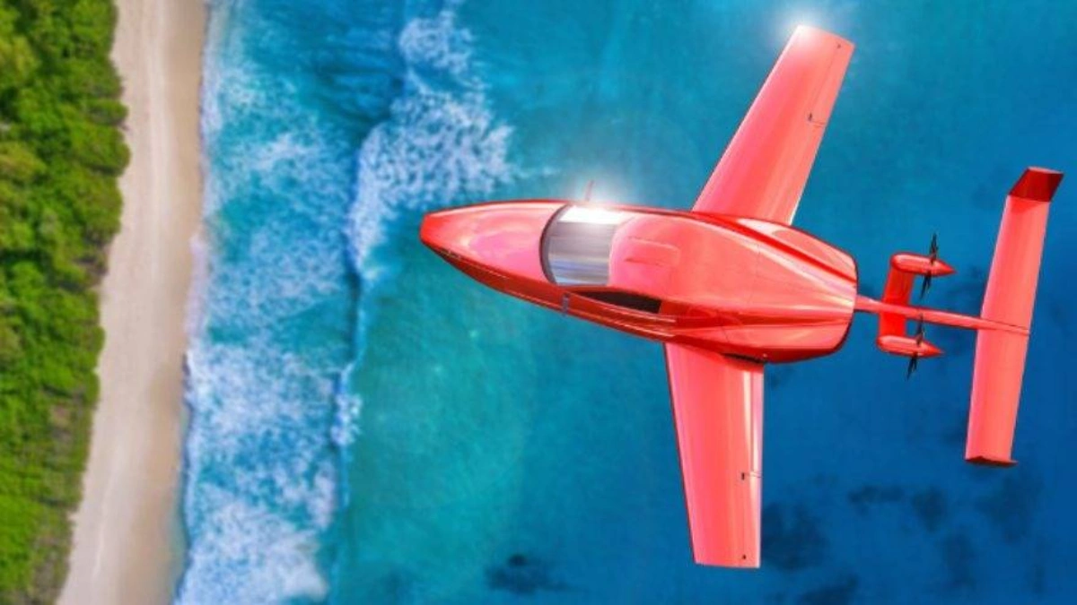 Red flying car flying over tropical beach and turquoise ocean waves
