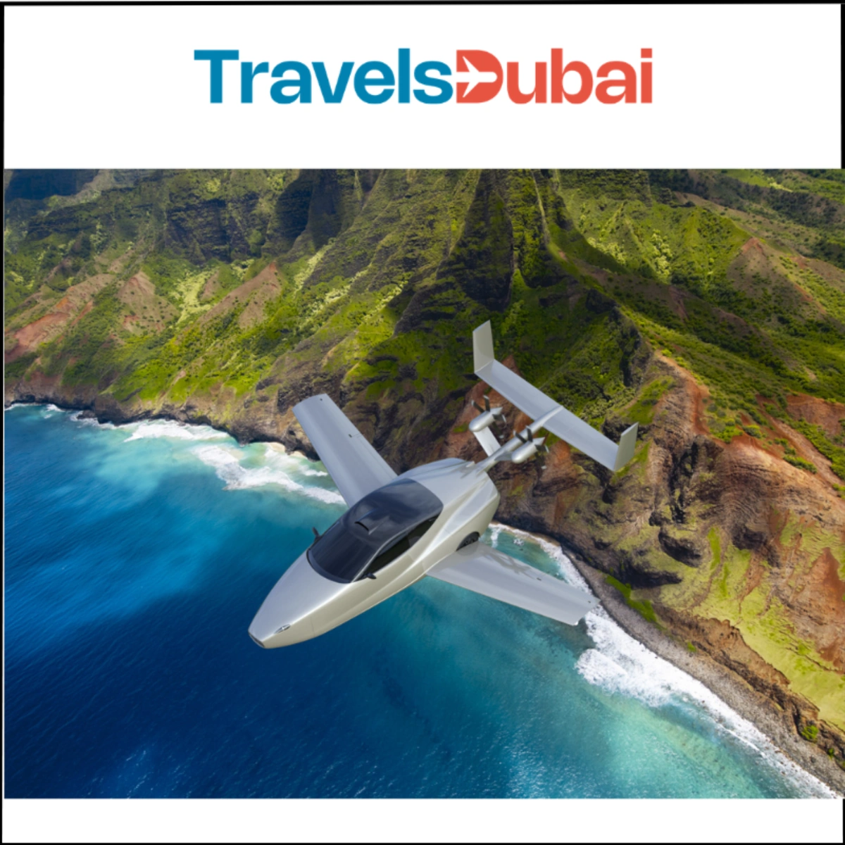 travels-dubai-1 Travels Dubai logo above a sleek, silver personal flying car flying over a vibrant turquoise ocean and a lush green, mountainous coastline.