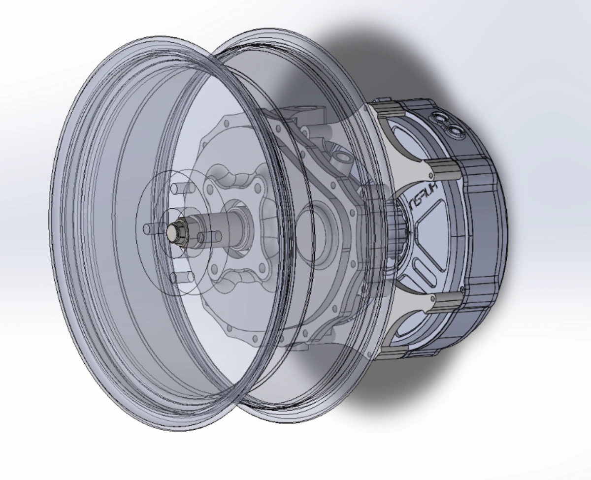 CAD rendering of a transparent wheel hub assembly with a brake caliper and rotor.