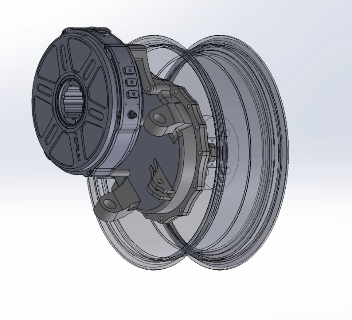 3D rendering of an electric motor assembly and wheel hub with brake caliper.