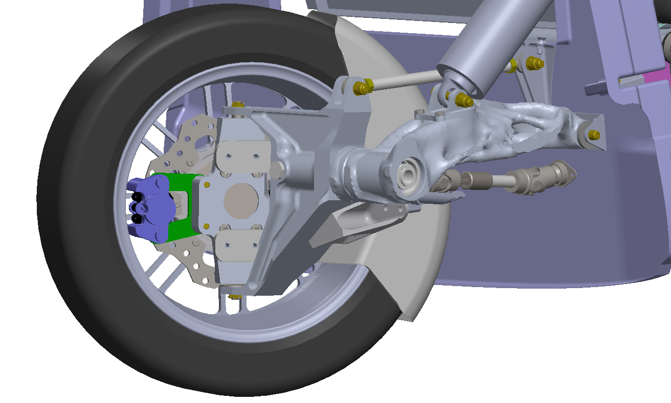3D model of a motorcycle rear suspension with disc brake caliper and wheel assembly.