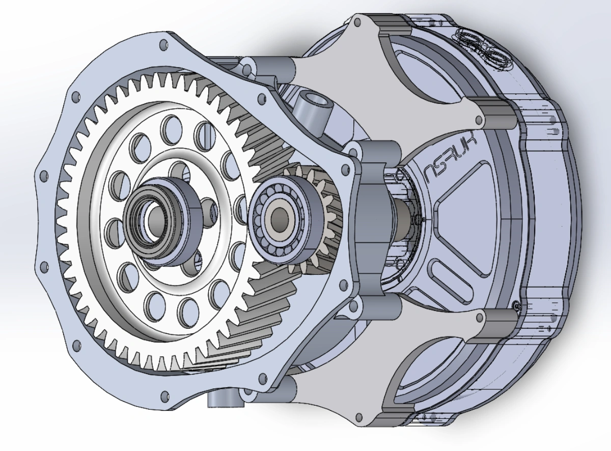 3D render of a complex gearbox with gears and bearings, showing intricate internal mechanical components.