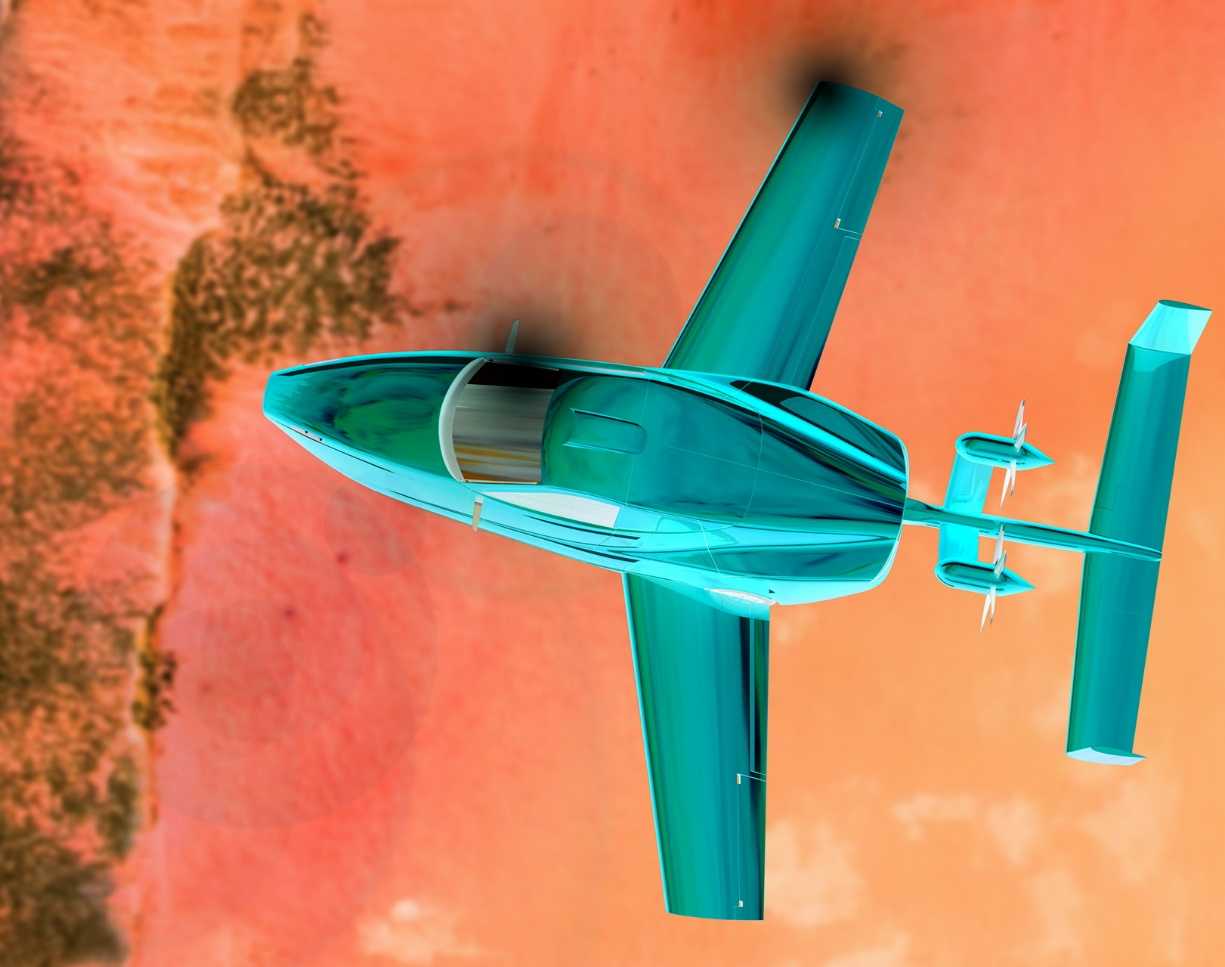 Futuristic teal aircraft flying over an orange landscape.