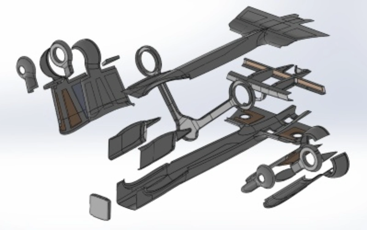 Exploded 3D CAD model of a car chassis assembly with individual components visible