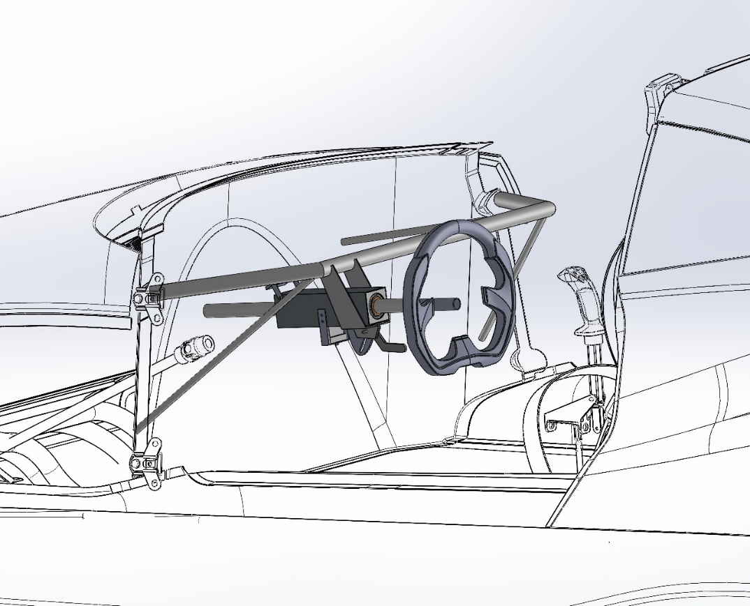 3D model of a race car cockpit showing steering wheel, joystick, and roll cage.