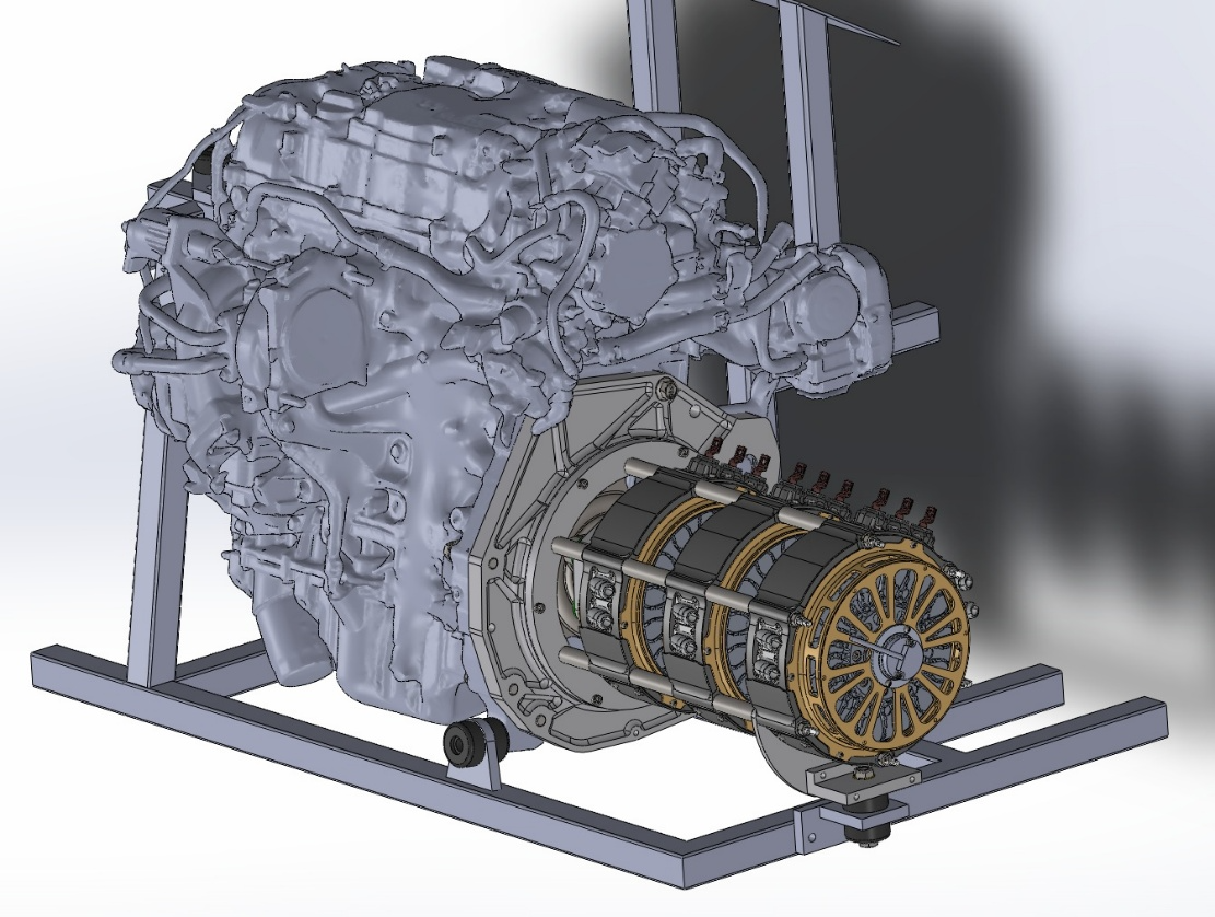 3D rendering of a V8 engine prototype with a hybrid electric motor assembly attached