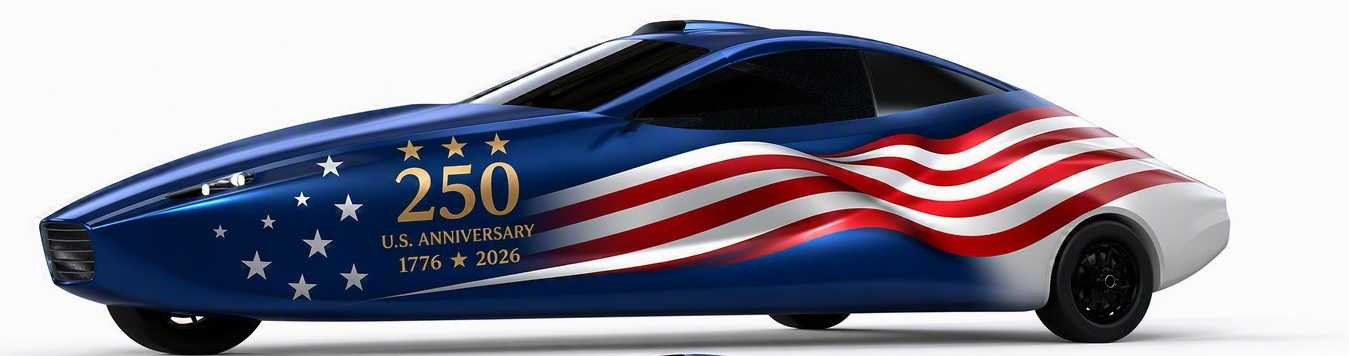 Futuristic concept car celebrating the 250th U.S. Anniversary (1776-2026) with an American flag design.