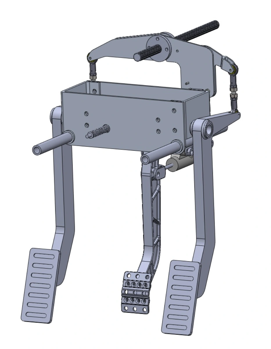 Adjustable triple pedal assembly with throttle, brake, and clutch pedals for racing or simulation.