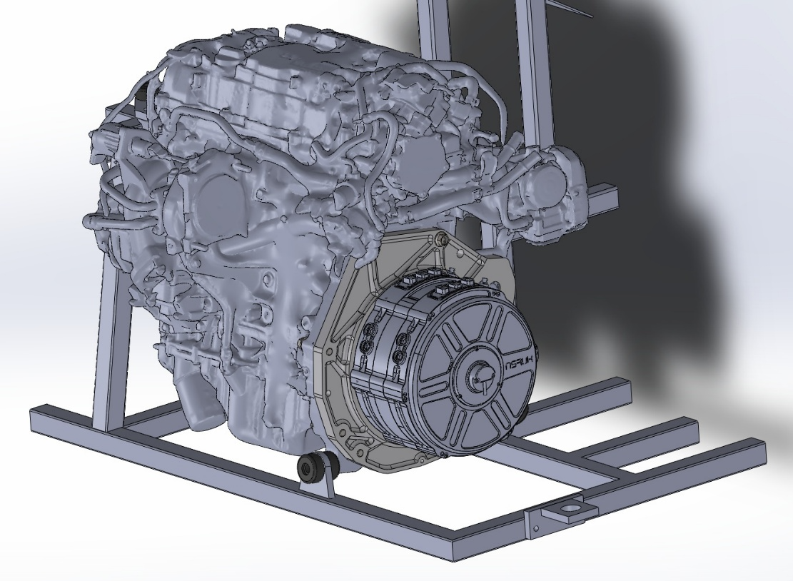 3D render of hybrid engine and electric motor assembly on a metal stand.
