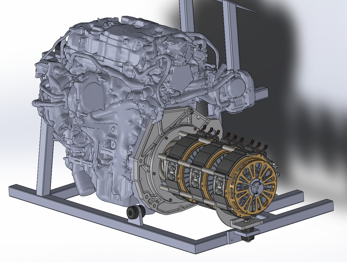 3D rendering of a car engine with a complex electric motor attached, mounted on a metal stand.